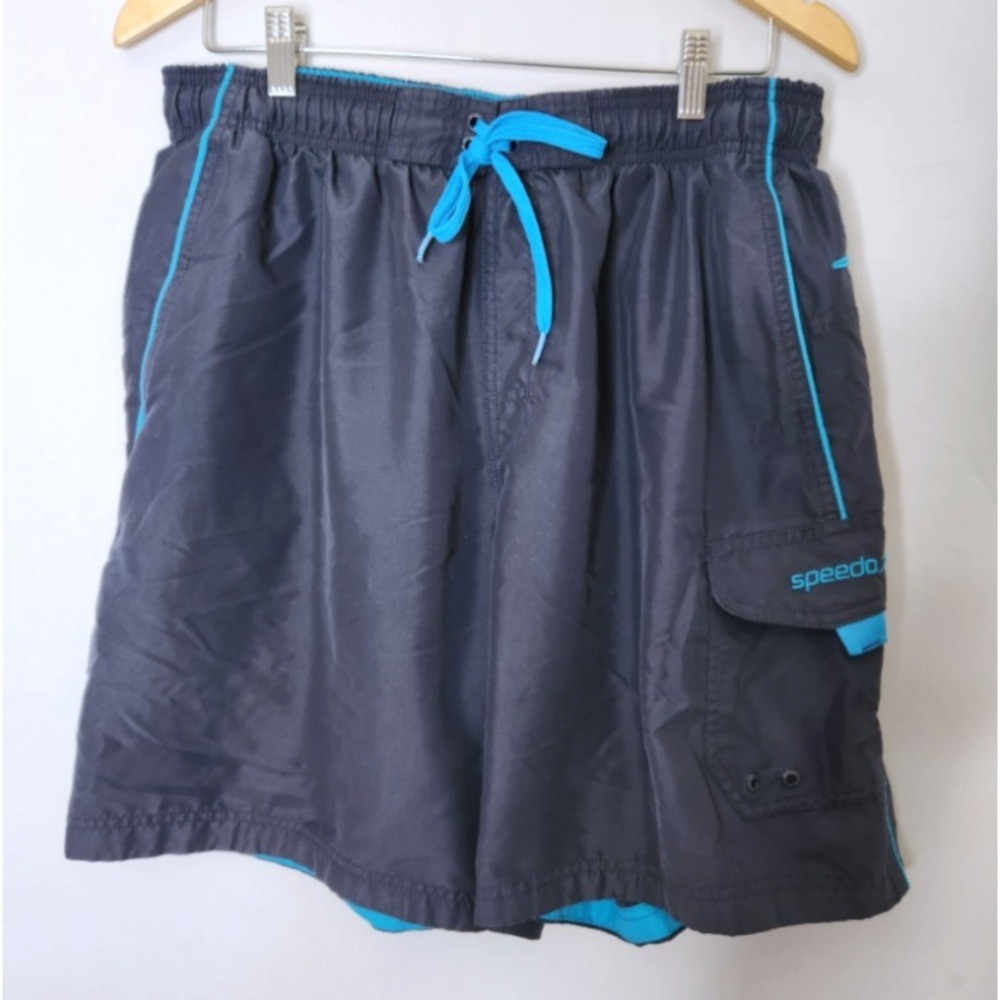 Speedo Swim Trunks Men's Size Large Navy Blue Cargo Pocket Drawstring Mesh Lined